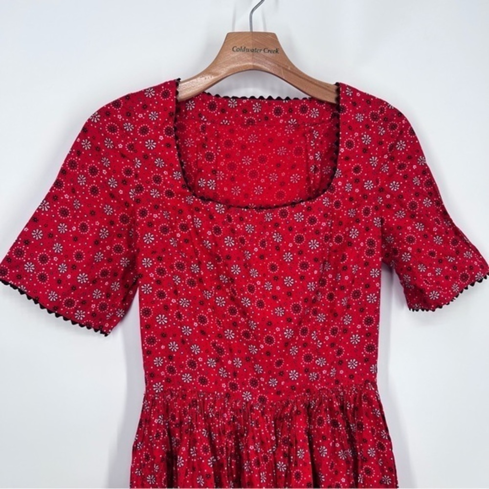 Vintage Handmade Red Square Neck Prairie Style A Line Dress